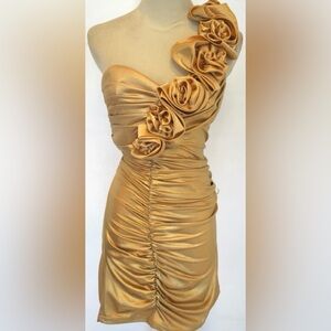 ROBERTA Elegant Gold One-Shoulder Roses Detail Straps Mini Dress